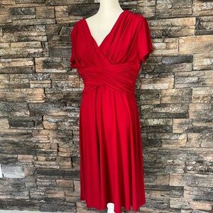 NorthStyle Red Wrap Midi Dress with Pleated V-Neck